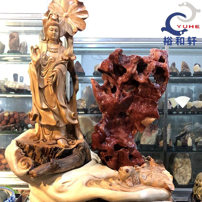 木雕崖柏配精品寿山石摆件芙蓉原石观音步步生莲花开富贵 裕和轩