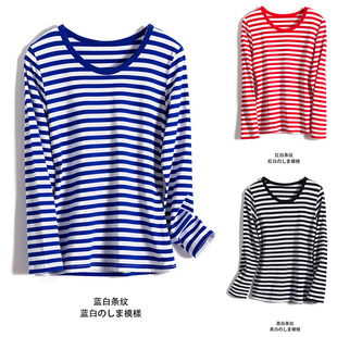 复古国潮学院风蓝白条纹T恤打底衫 春秋季 情侣装 海魂衫 女纯棉长袖