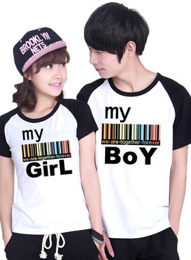 特别潮情侣装创意条形码印花ins半袖boy girl字母半袖T恤短袖衣服