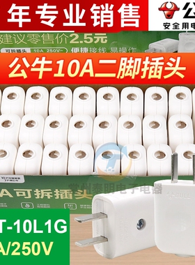 公牛10A电源纯铜国标扁二插头二脚新款单相二极2孔家用10L1G正品