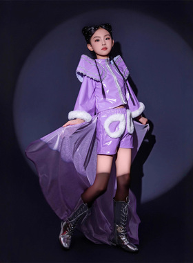 《紫中雪》女童紫色皮套装女风立肩设计拖尾走秀服装马卡龙长袖