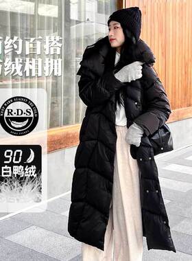冬季过膝女款羽绒服外套黑色加厚加长款大翻领气质优雅保暖外套
