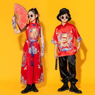 儿童演出服中国风走秀服装女童新中式街舞男童潮服表演服装