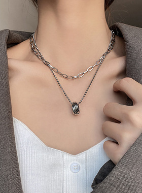 双层链条钛钢项链女2021年新款冷淡风嘻哈毛衣链个性设计感项饰女