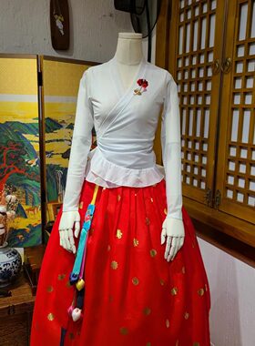 朝鲜族舞蹈练习腰裙量身定做练功服网纱上衣和福寿花裙子U22054