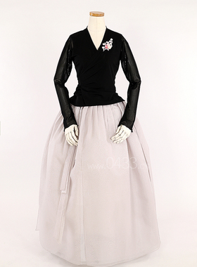 朝鲜族舞蹈练习腰裙练功服黑色网纱上衣满天星3层6开裙U23097