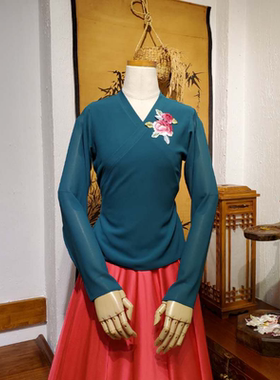 朝鲜民族练习舞蹈上衣和裙子跳舞穿的韩服墨绿色珍珠纱H-S10366