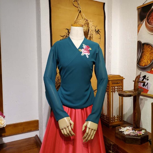 朝鲜民族练习舞蹈上衣和裙子跳舞穿的韩服墨绿色珍珠纱H-S10366