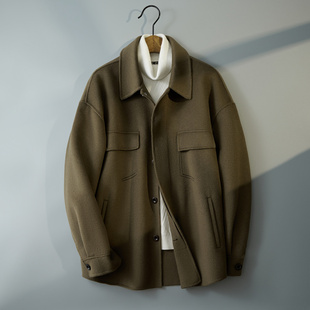 2025秋双面呢毛呢休闲翻领韩版衬衫式外套男士羊绒夹克短款大衣