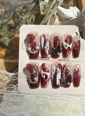 原创乌梅子酱山茶花显白蝴蝶玫瑰纯手工美甲穿戴甲高级感轻奢法式