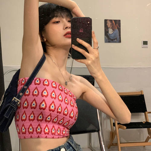 抹胸上衣女夏季性感露肩粉色爱心短款抹胸可外穿短款内搭辣妹可爱