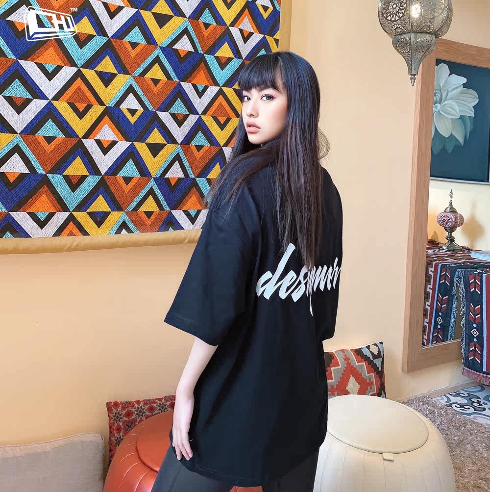 潮牌T恤黑色oversized打底宽松半袖纯棉潮流