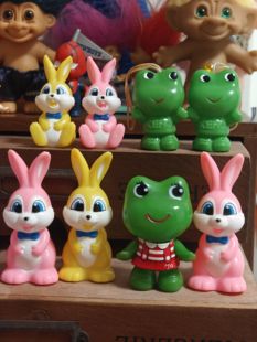 日本昭和中古玩具佐藤象青蛙koro&kero ss兔指偶摆件挂件【有瑕】