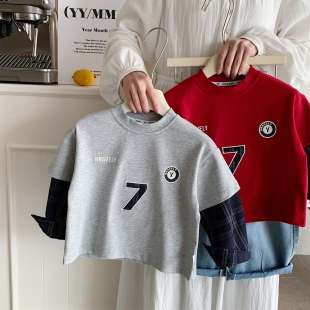 男童长袖t恤薄款春装2026新款纯棉假两件上衣痞帅儿童宝宝打底衫