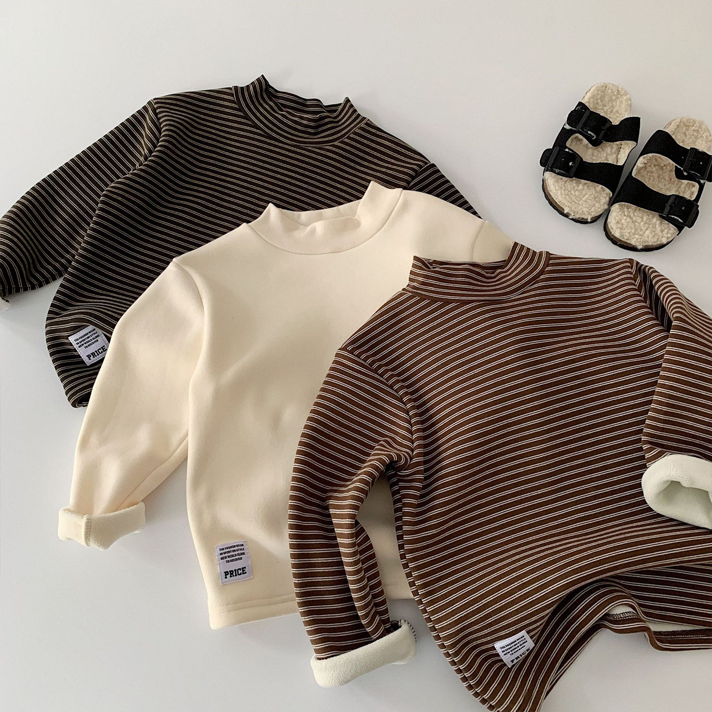 儿童打底衫半高领冬季加绒条纹