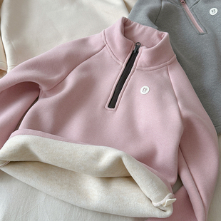 女童加绒打底衫立领半拉链儿童一体蚕丝羊毛冬季加厚保暖内搭卫衣