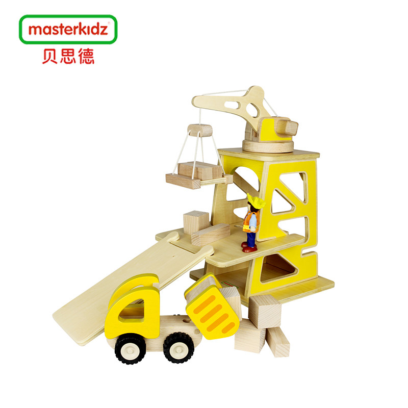 小小建筑工地幼儿早教园儿童职业体验玩具木质起重机 运货车玩具