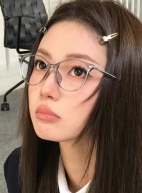韩版复古猫眼灰色甜妹素颜眼镜防蓝光可配近视平光镜女方圆脸显瘦