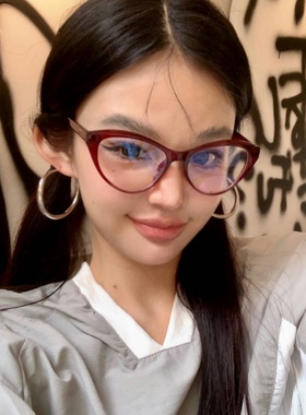 复古韩版猫眼TR90红色素颜神器女潮方圆脸显瘦防蓝光度数近视眼镜