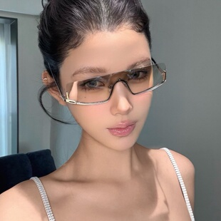 个性金属水银色半框连体Y2K欧美辣妹风墨镜凹造型街拍女太阳眼镜