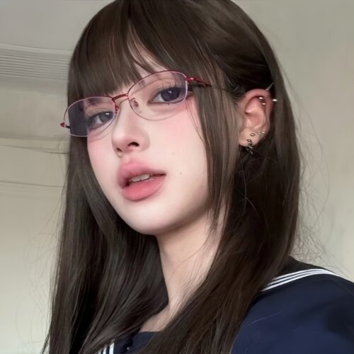 日系金属红色半框方框超轻眼镜女