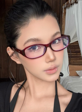 复古椭圆猫眼红色眼镜防蓝光配度数近视老花平光镜女潮欧美老钱风
