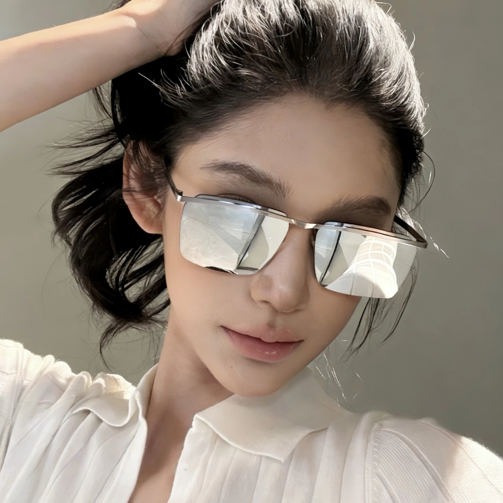 方框无框金属水银色高级感墨镜