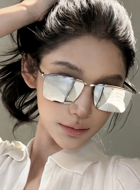 方框无框金属水银色高级感墨镜