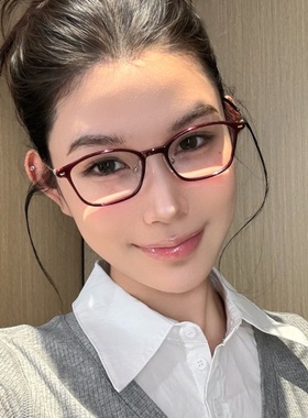 复古红色办公室海妖风平光眼镜TR90框架防蓝光可配近视超轻高智感
