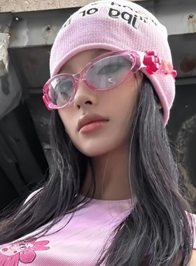 韩版复古果冻粉色骑行镜女潮糖果色桃心墨镜y2k爱心辣妹太阳眼镜