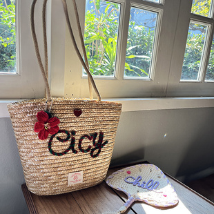 海风和夏定制名字 大容量单肩草编包定制字母包单肩包女包