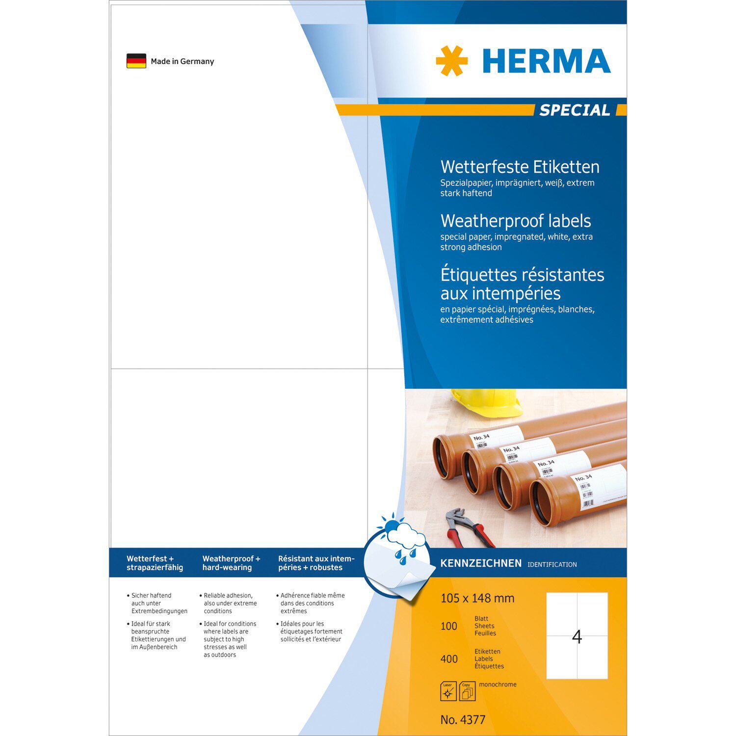 HERMA豪玛牌4377 A4-100张白色SPECIAL全天候打印标签105x148mm