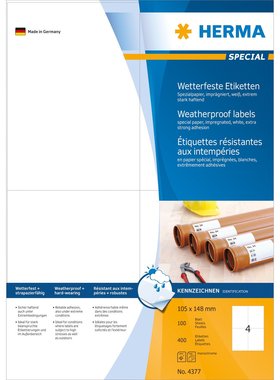 HERMA豪玛牌4377 A4-100张白色SPECIAL全天候打印标签105x148mm
