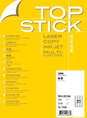 TOPSTICK T4668 顶贴A4-100张不干胶打印标签纸70.0x42.3mm