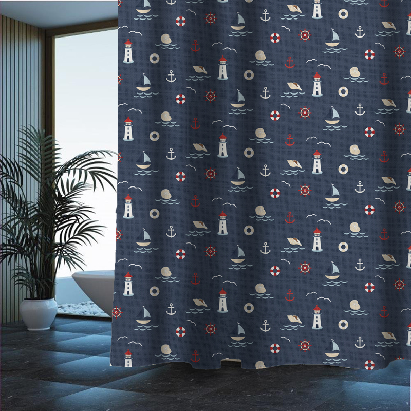 蓝海地中海复古加厚防水防霉浴帘隔断帘可定制全遮光浴室涤纶窗帘