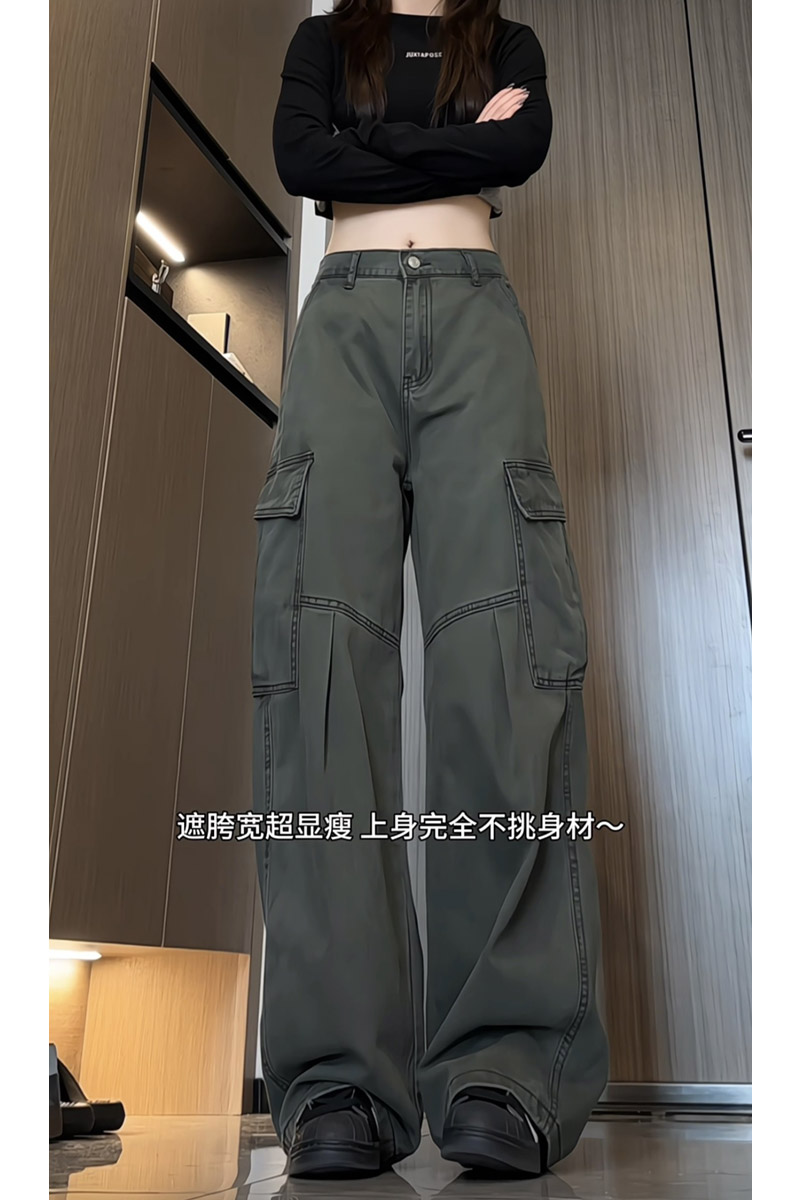 秋季新款美式高街褶皱工装休闲裤女潮流宽松直筒阔腿裤K2587P55,男装工装外套,电商B203
