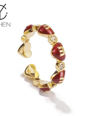 开口可调节安哥拉红爱心戒指女字母M小众轻奢文艺指环食指戒尾戒