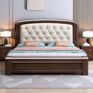 政府补贴现代中式 紫金檀木实木床皮靠软包1.8m双人床主卧大床婚床
