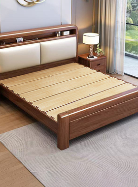 中式全实木床胡桃木床1.8m软靠包双人床主卧室1.5米榫卯满铺大床