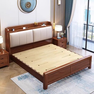 政府补贴中式 软靠包全实木床胡桃木床1.8双人床主卧1.5米大床婚床