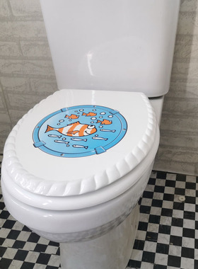 家用加厚MDF马桶盖通用坐便器盖板座厕板盖圈UVO型盖白色海洋小鱼