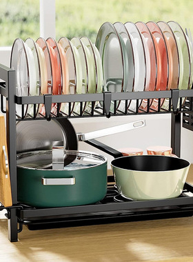 黑色不锈钢方管双层碗碟架带刀叉筷子筒砧板架厨房餐具沥水家用