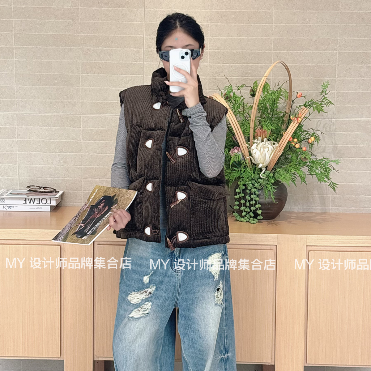 ETHOR 棕色灯芯绒羽绒马甲25年秋冬ERFW25-339V——3680