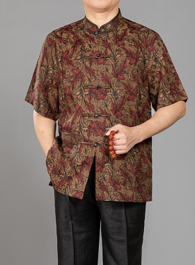 百福龙高档提花香云纱男士唐装夏装 桑蚕丝中式男装爸爸生日唐装