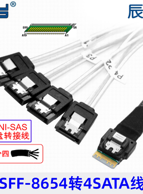 SF-103内置Slim SAS 4.0 SFF-8654对4 SATA 7Pin磁盘阵列连接线