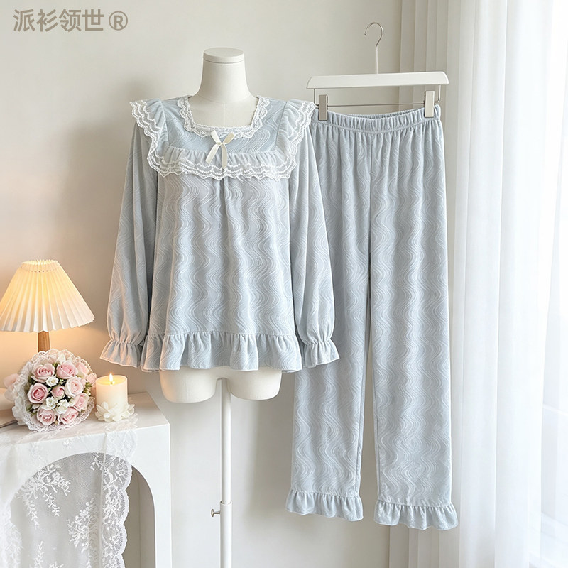 甜美风长袖睡衣套装女2026秋冬季金丝绒蕾丝花边方领荷叶边家居服
