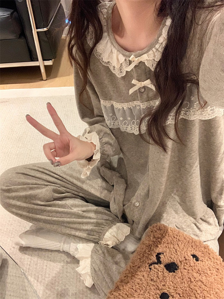 女毛巾棉韩系蕾丝甜美长袖家居服
