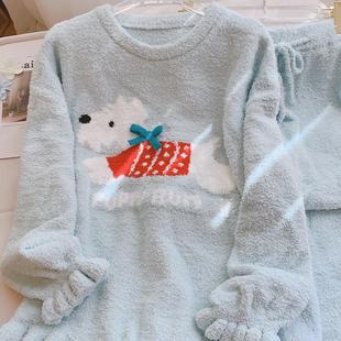 韩系秋冬加厚暖和软绵绵小狗崽可爱可外穿家居服套装半边绒睡衣