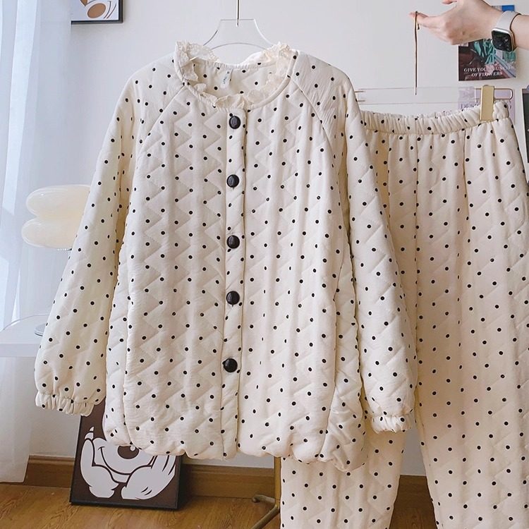 秋冬新款加厚夹棉加绒韩系小清新奶油波点少女可外穿棉服睡衣