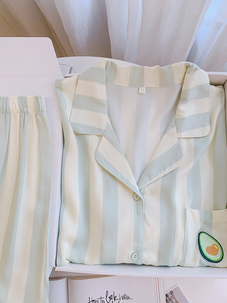 女贡缎小清新条纹刺绣家居服套装
